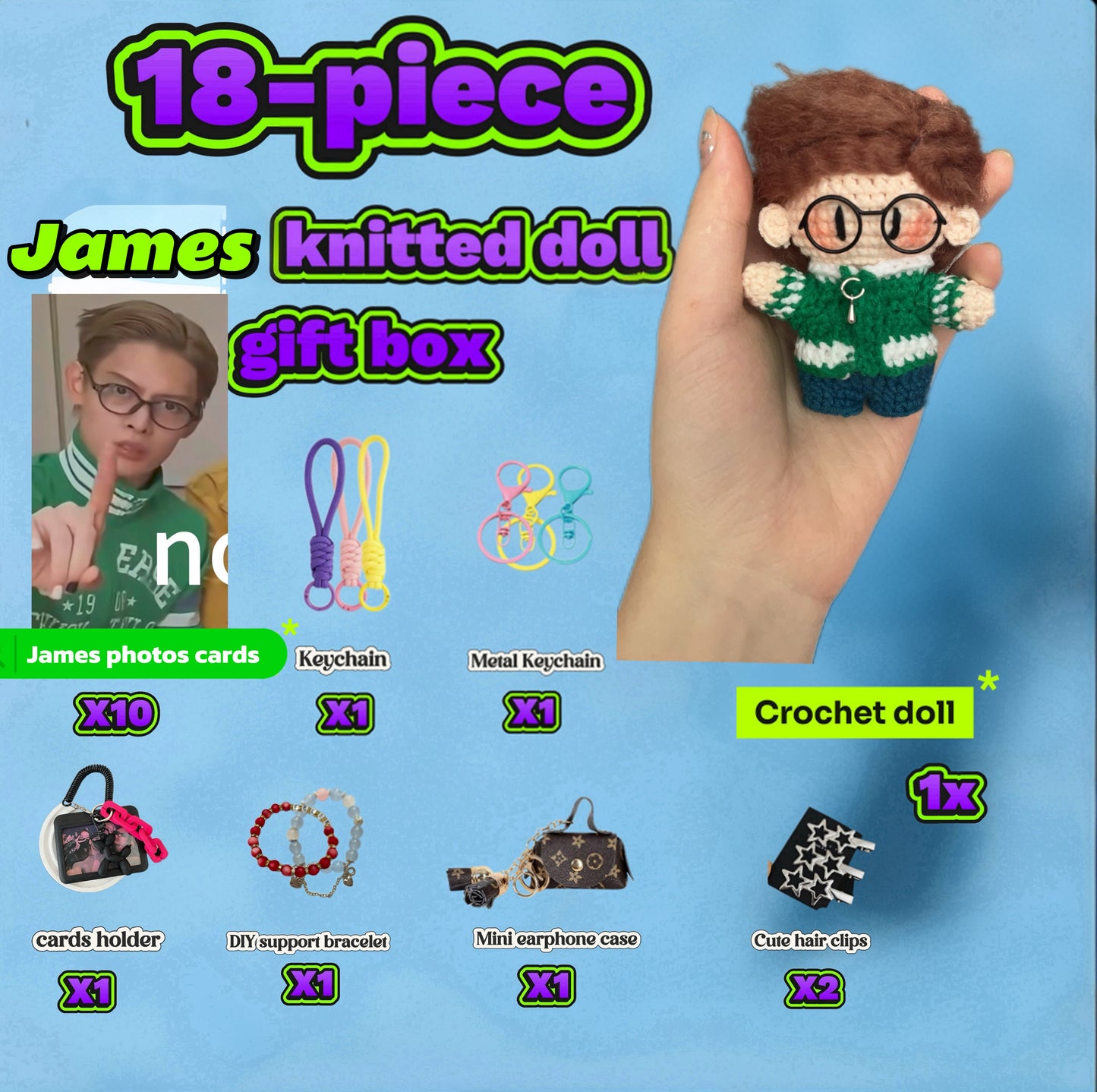 18 pieces gift box inspired by James cortis  Keychain Dolls Handmade Plush Doll